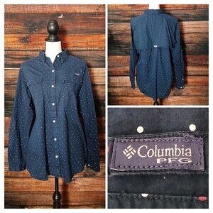 Columbia Shirt Size Large Super Bonehead PFG Pro Fishing Gear Navy Blue Dot